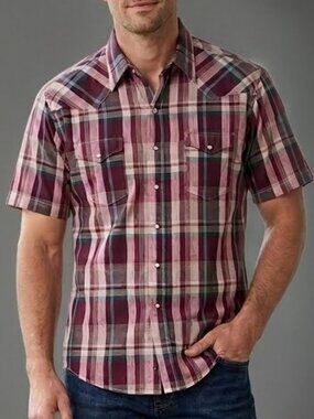 Wrangler Pink  Red Pink Plaid Snap Button Vintage Western Cowboy Shirt Men's XL
